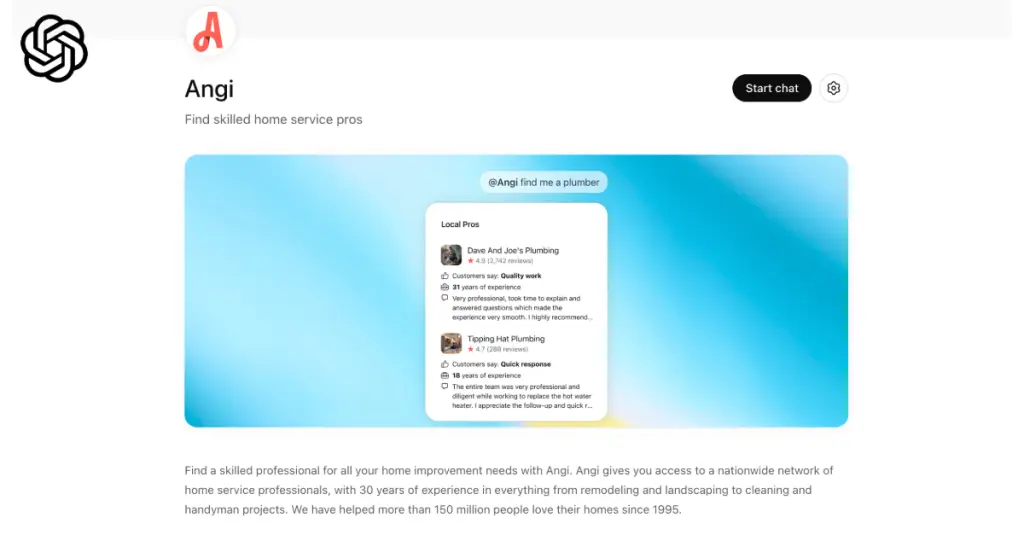 Angi app inside ChatGPT helping homeowners find local plumbers and service professionals