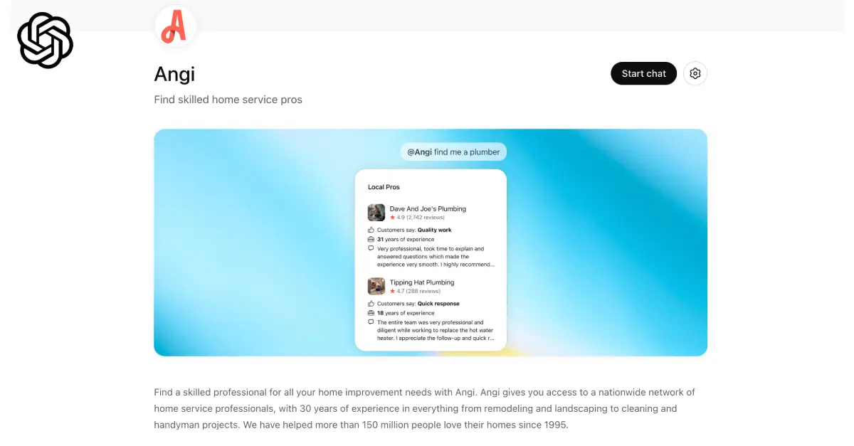 Angi app inside ChatGPT helping homeowners find local plumbers and service professionals