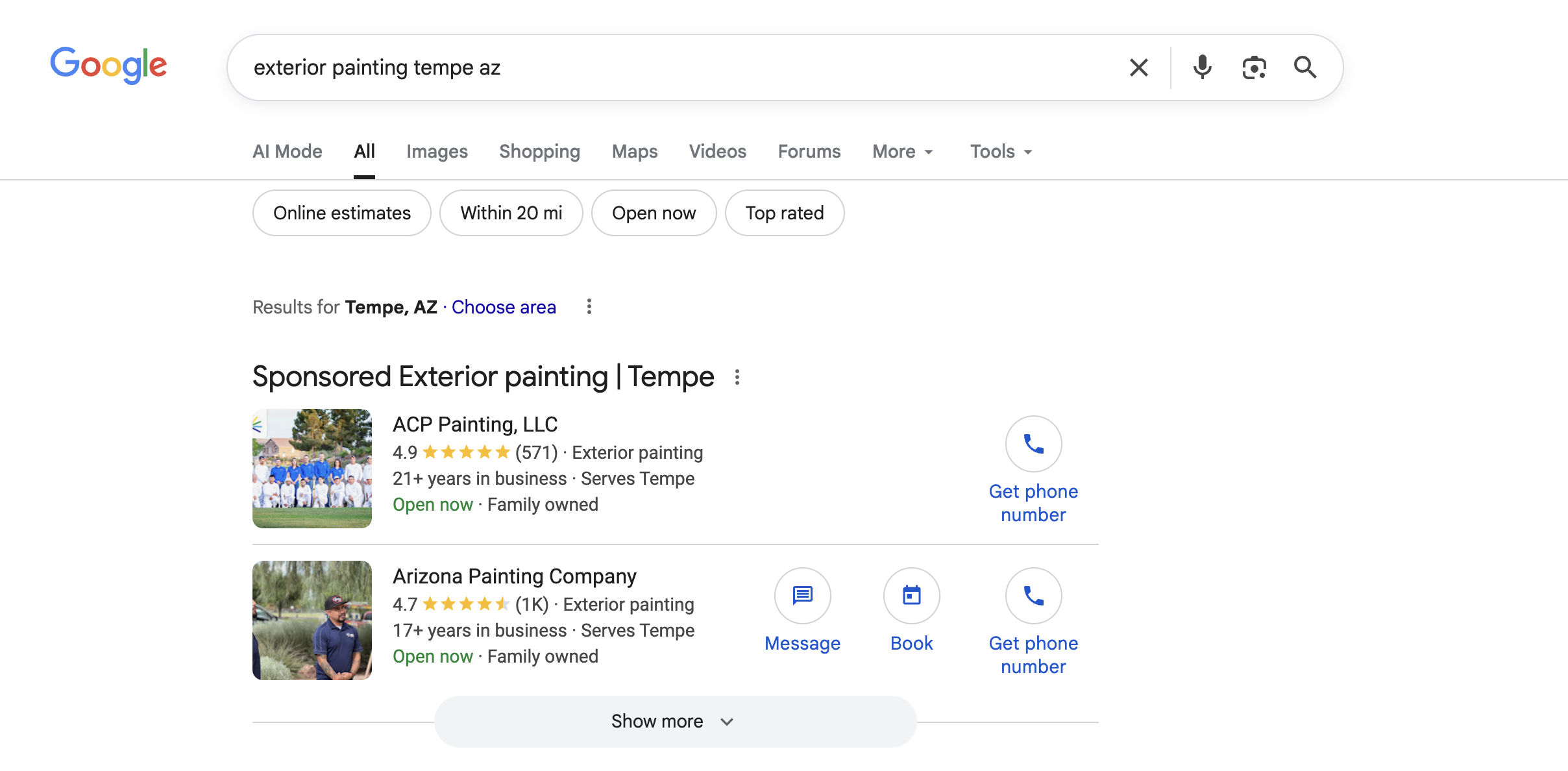 Google map pack results showing local exterior painting contractors in Tempe Arizona with reviews and contact options