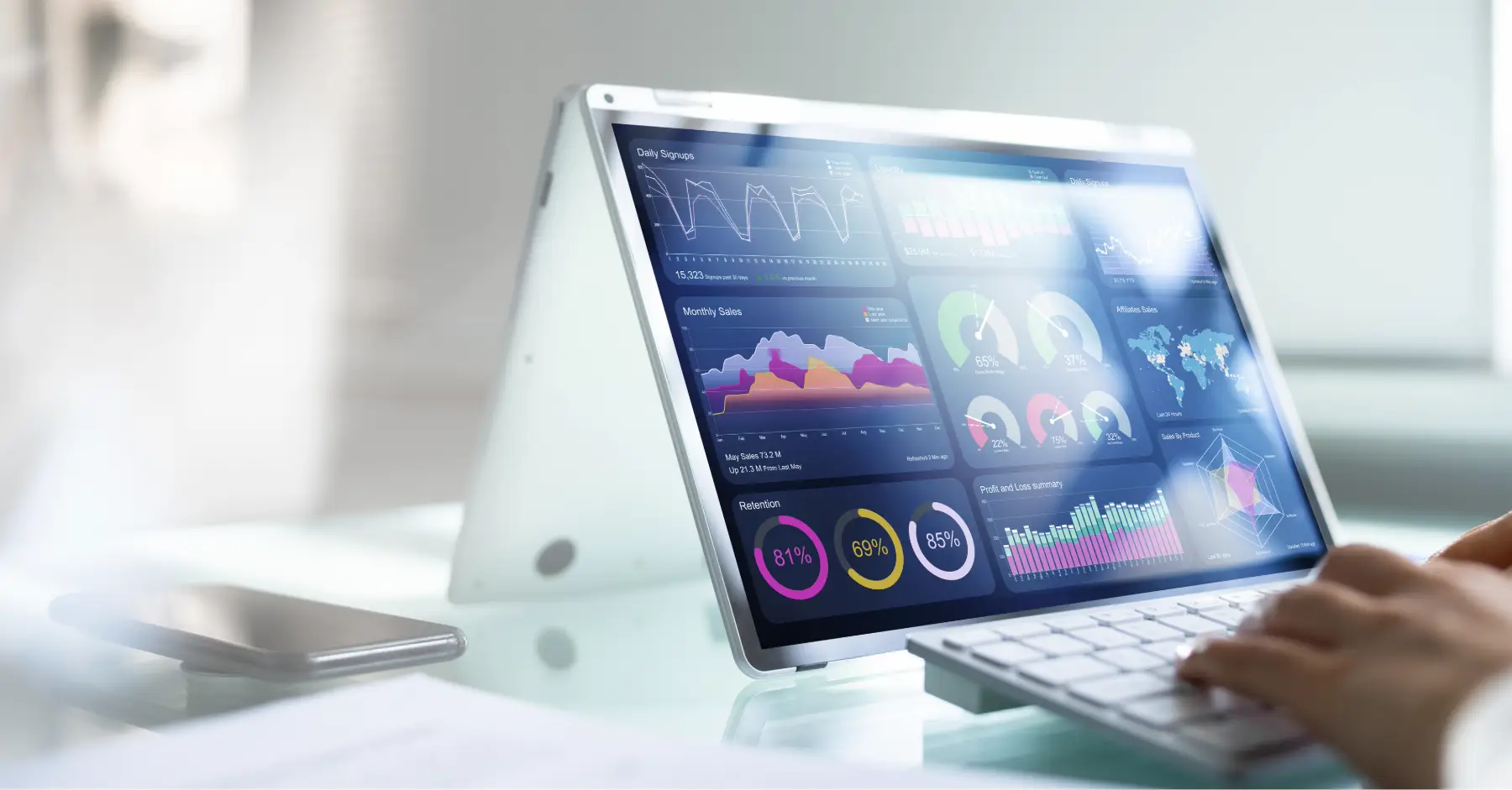 A screen shows marketing analytics and reporting software.