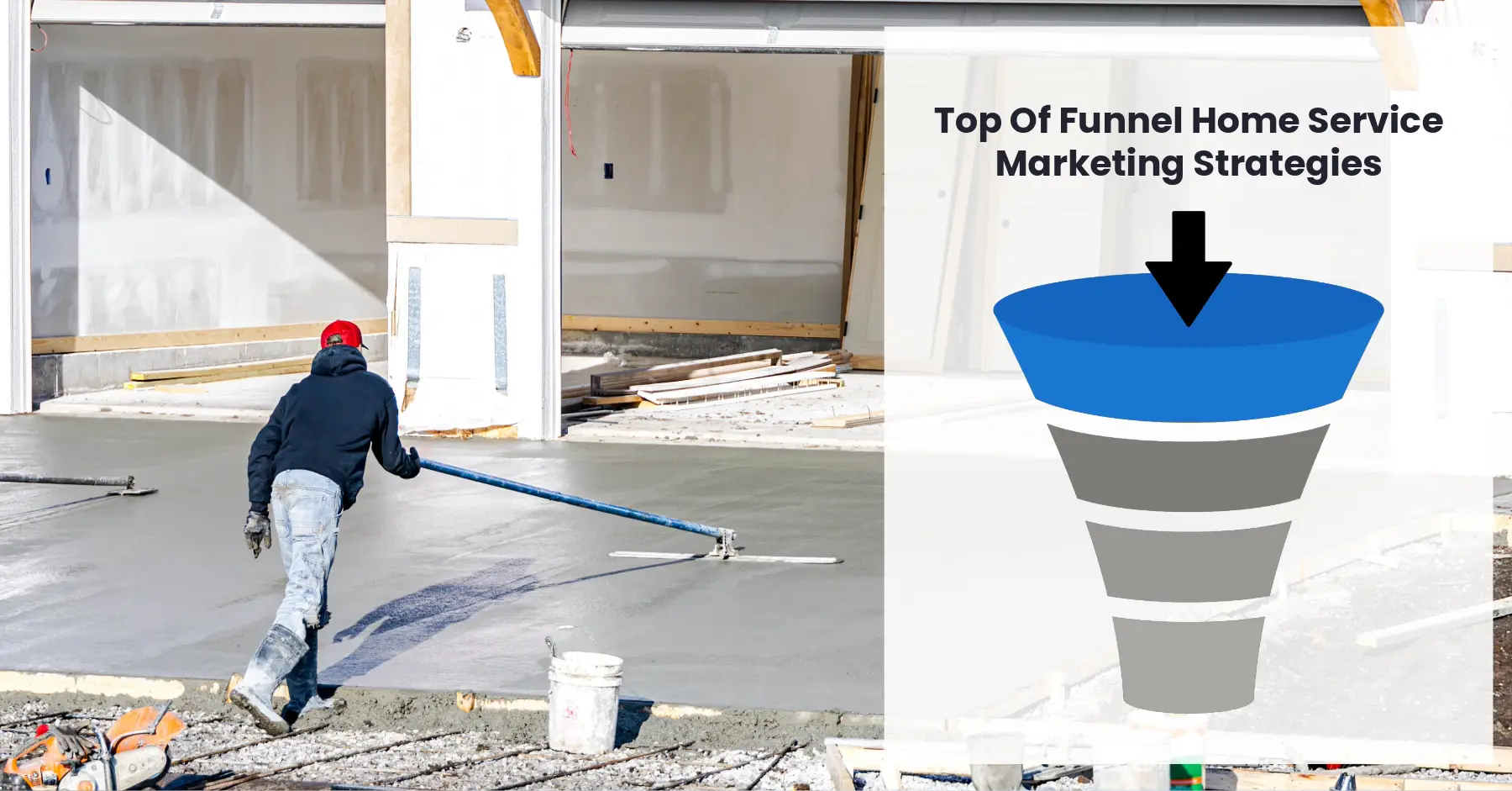 top of funnel marketing for contractors visual with funnel graphic and home service worker pouring concrete