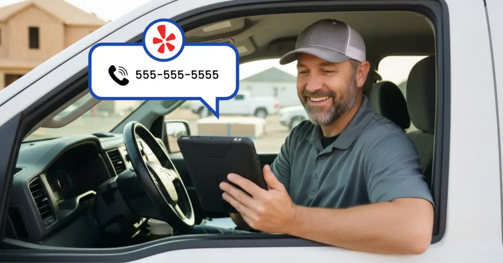 contractor using tablet in truck receiving Yelp lead with unmasked phone number for faster follow up