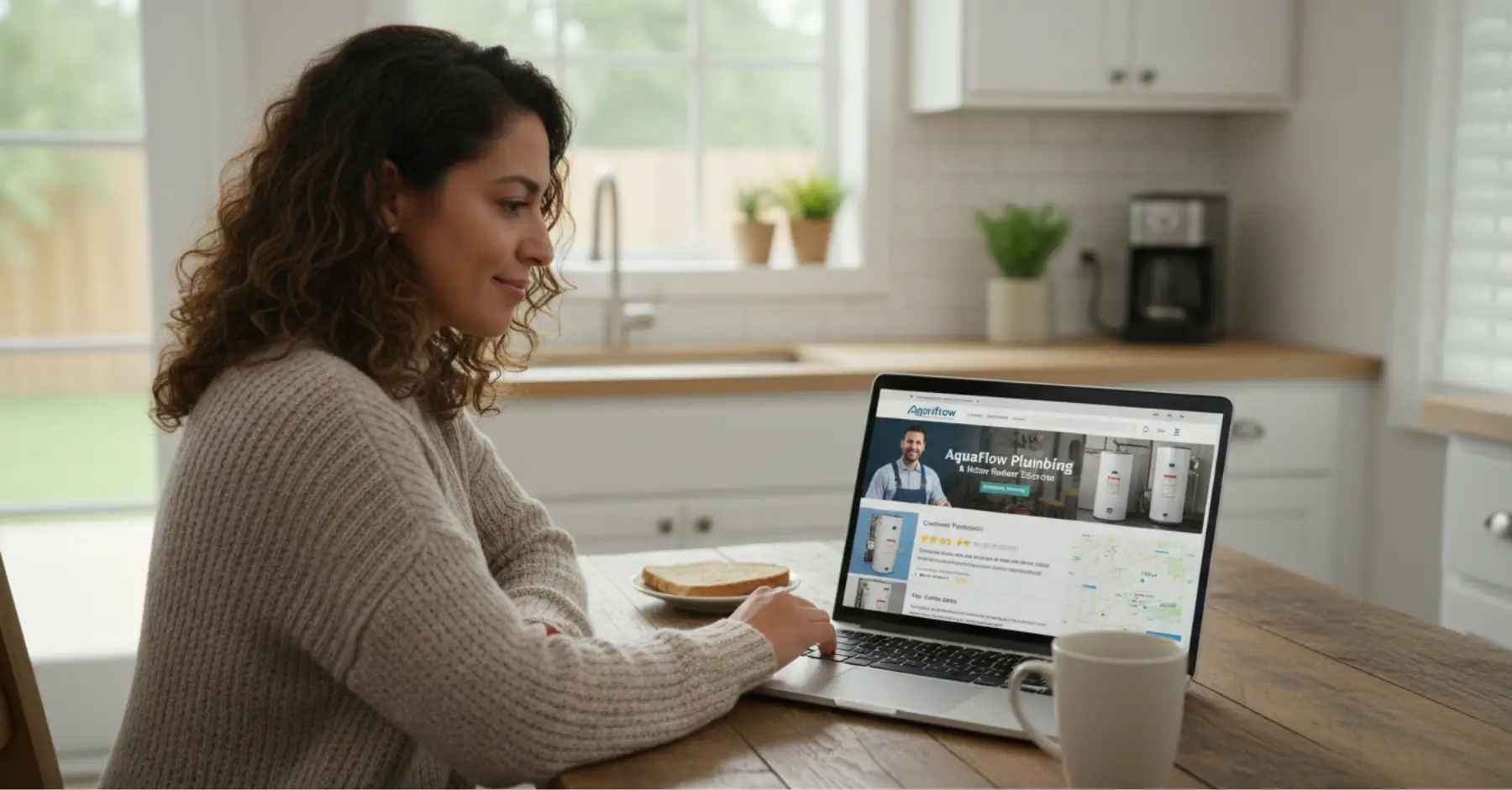Homeowner browsing a plumbing company website on a laptop at home, comparing local service options