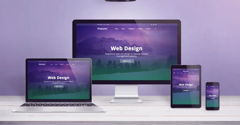 Website displayed on desktop, laptop, tablet, and smartphone showing responsive web design across different screen sizes