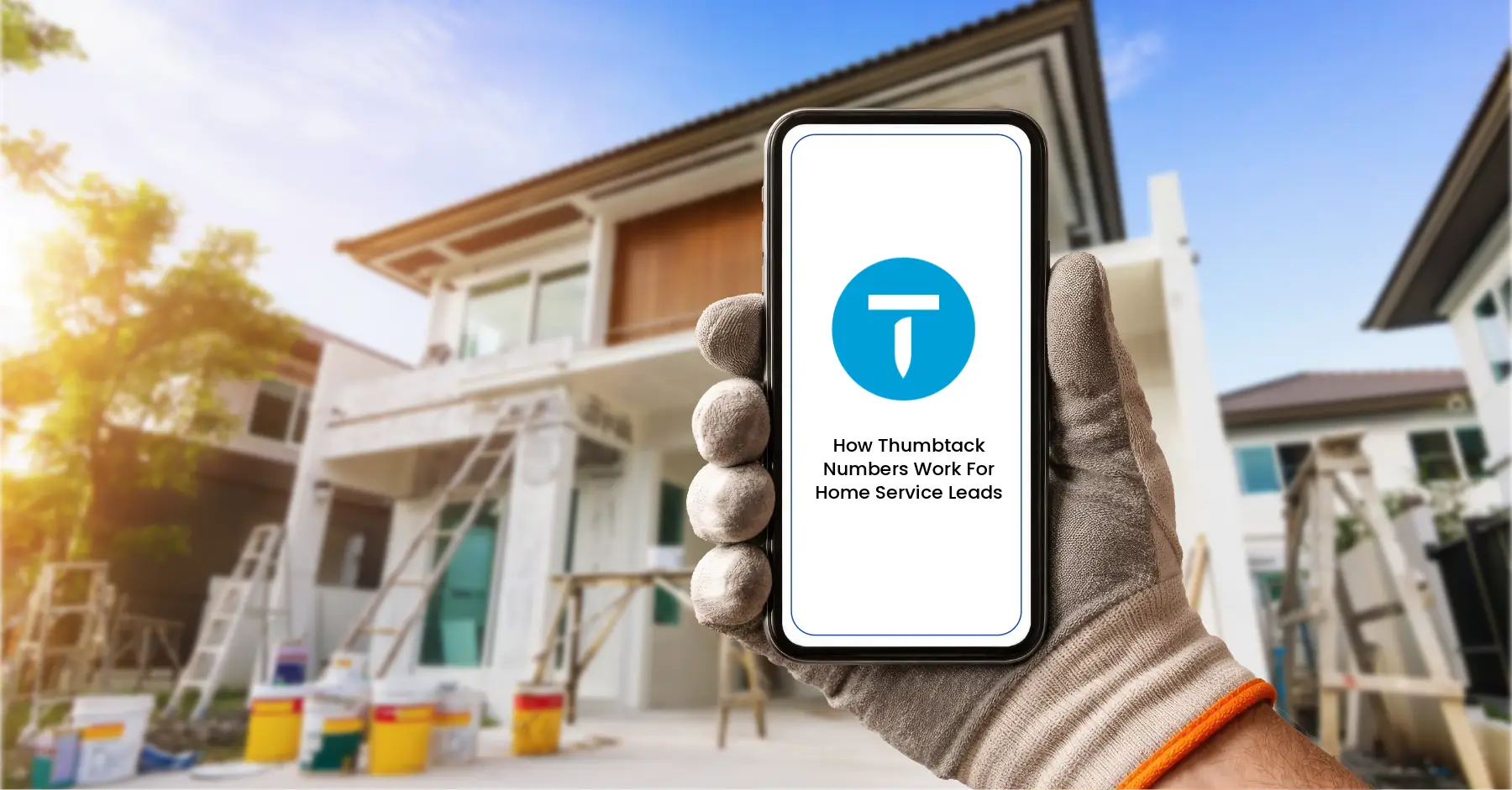 Gloved home service contractor holding a phone showing Thumbtack Numbers information at a residential job site
