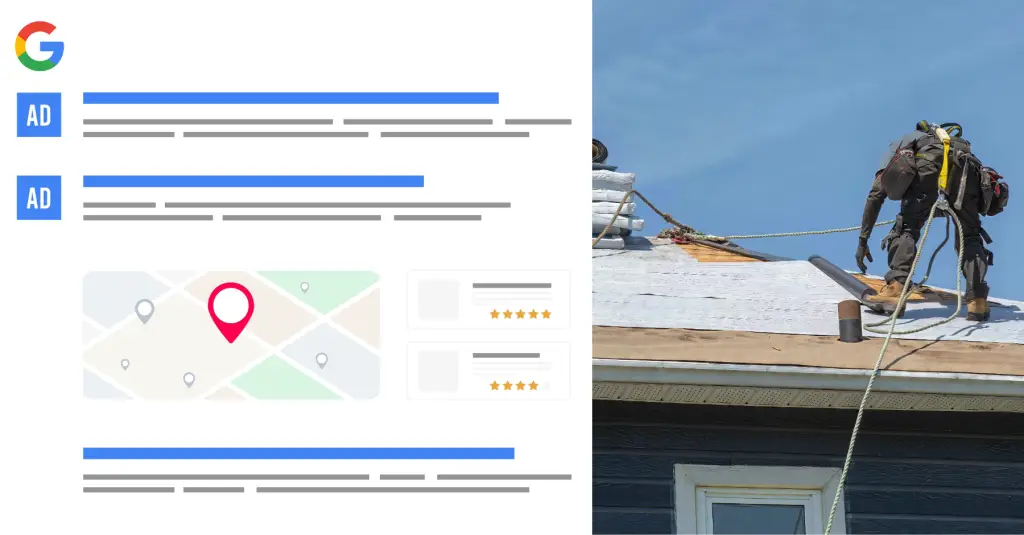 Google search ads graphic next to a roofer working on a residential roof
