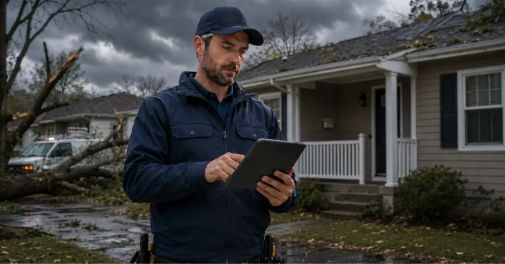Home service contractor using a tablet after a storm for seasonal demand marketing and response planning