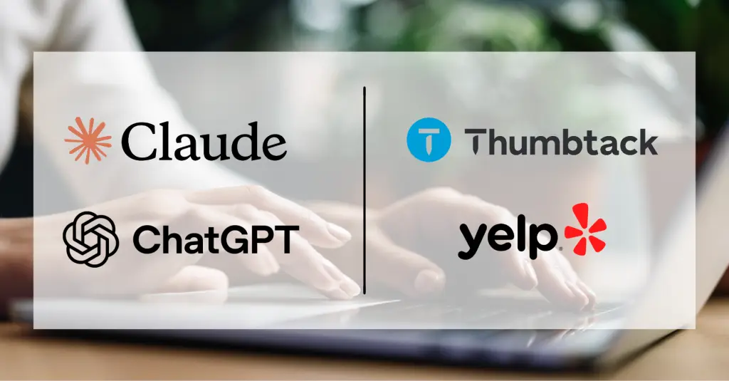 Claude and ChatGPT logos shown beside Thumbtack and Yelp logos for an article about AI partnerships in home services