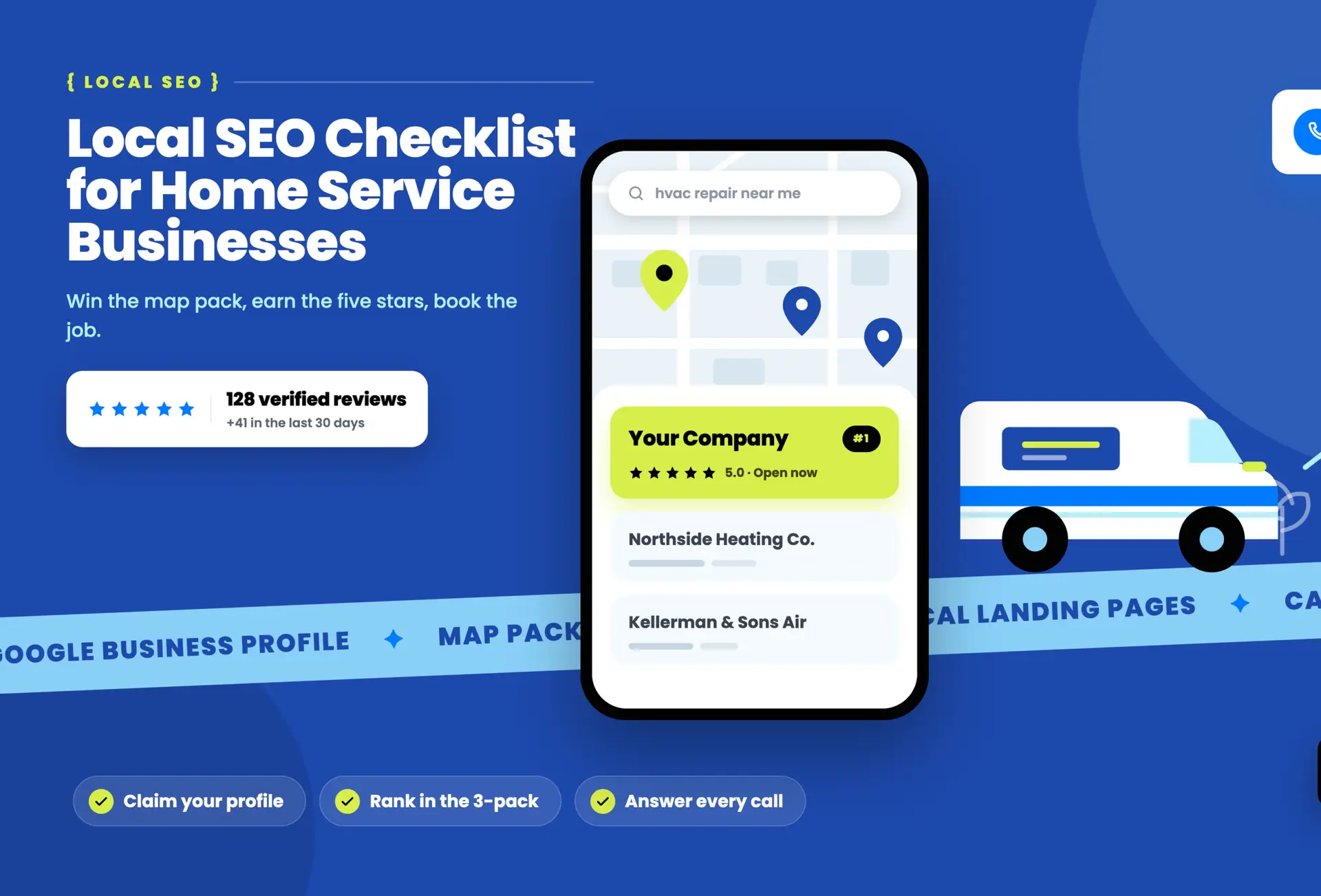 Local SEO checklist illustration: a phone showing 'Your Company' ranked #1 in the local map pack, beside a home-service van driving to a house.