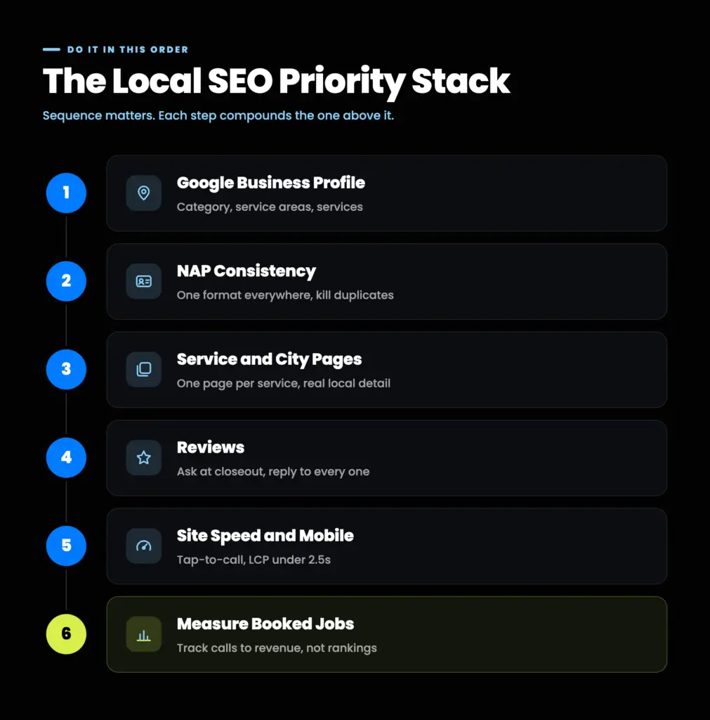 Six-step local SEO priority stack: Google Business Profile, NAP consistency, service and city pages, reviews, site speed and mobile, then measuring booked jobs.