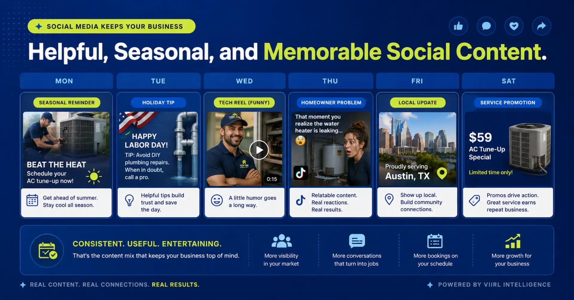 Social media calendar with seasonal tips humorous videos and home service posts