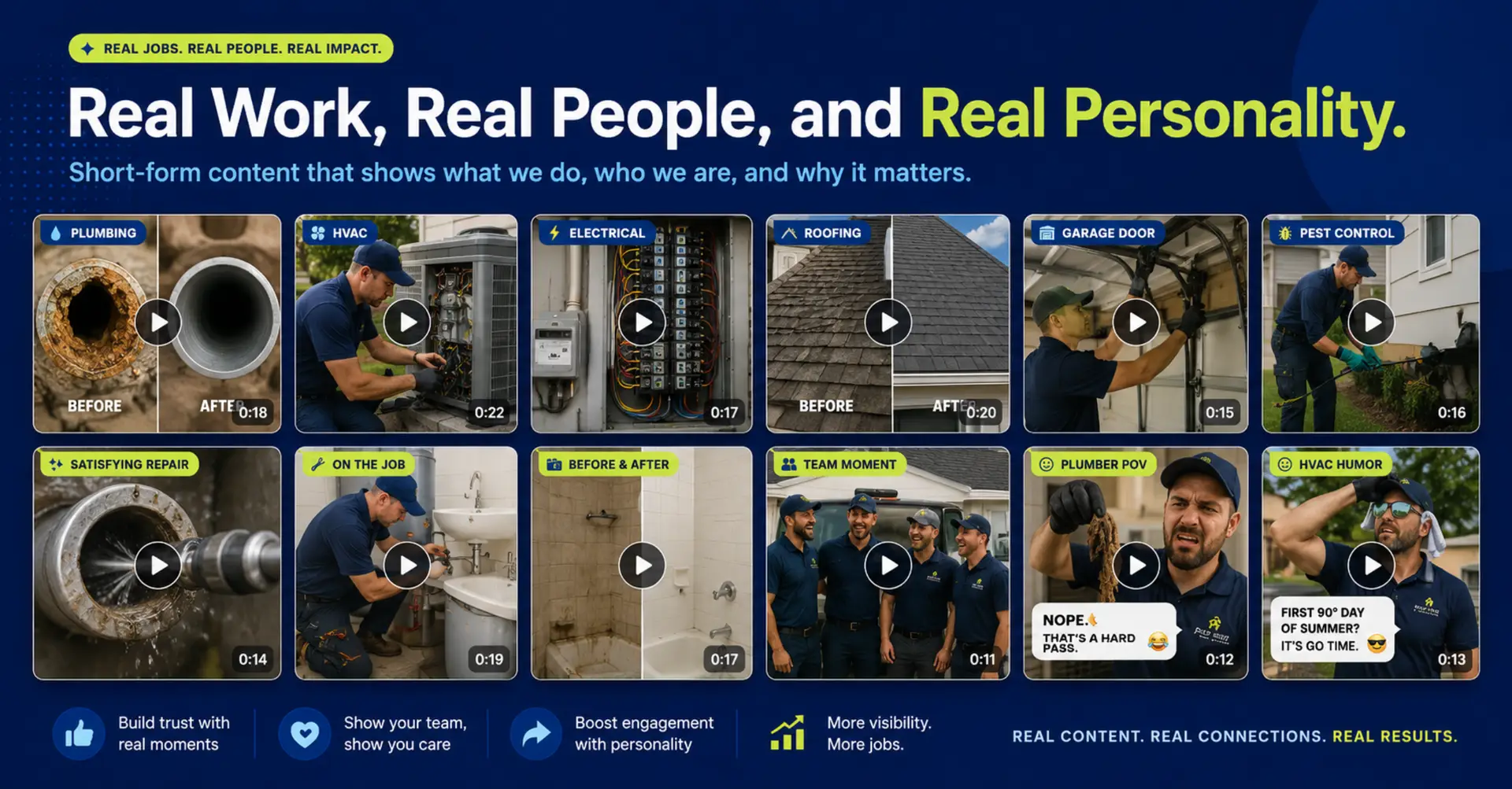 Home service professionals sharing real projects humorous videos and team content
