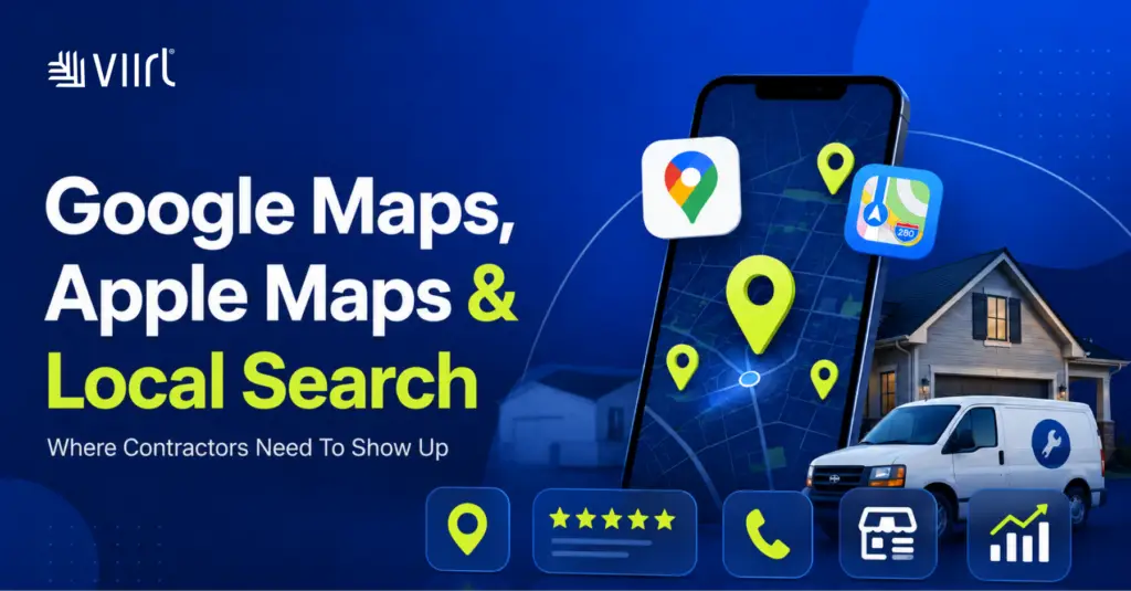 Google Maps and Apple Maps local search graphic showing map pins, contractor van, and local business visibility icons