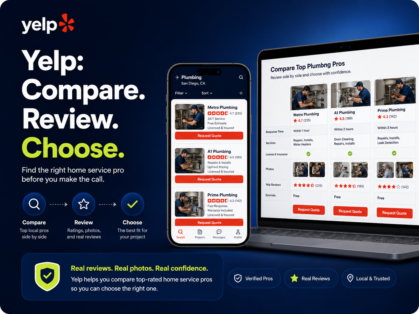 Homeowner comparing Yelp advertising profiles for local home service businesses