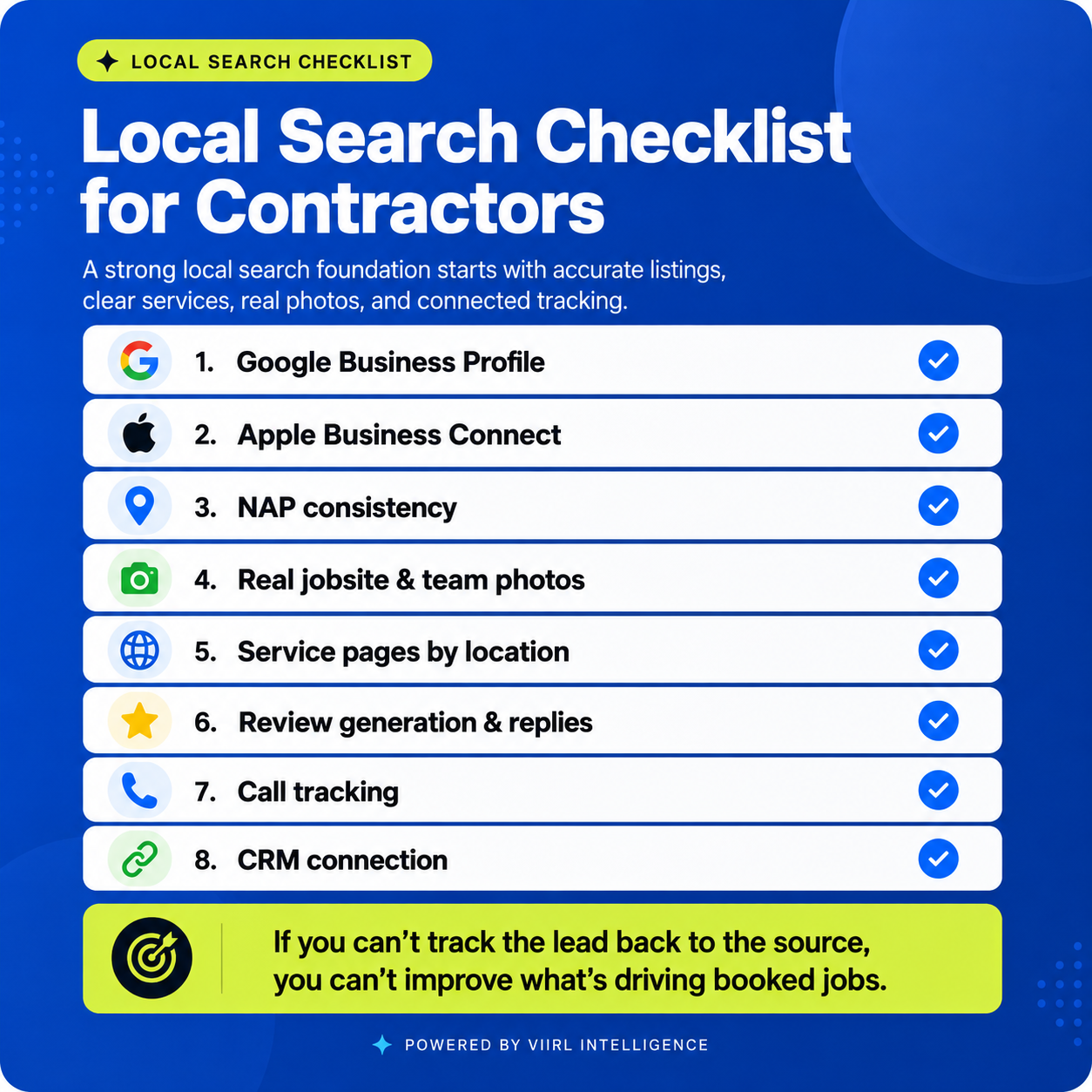 Local search checklist for contractors with Google Business Profile Apple Maps listings and CRM tracking
